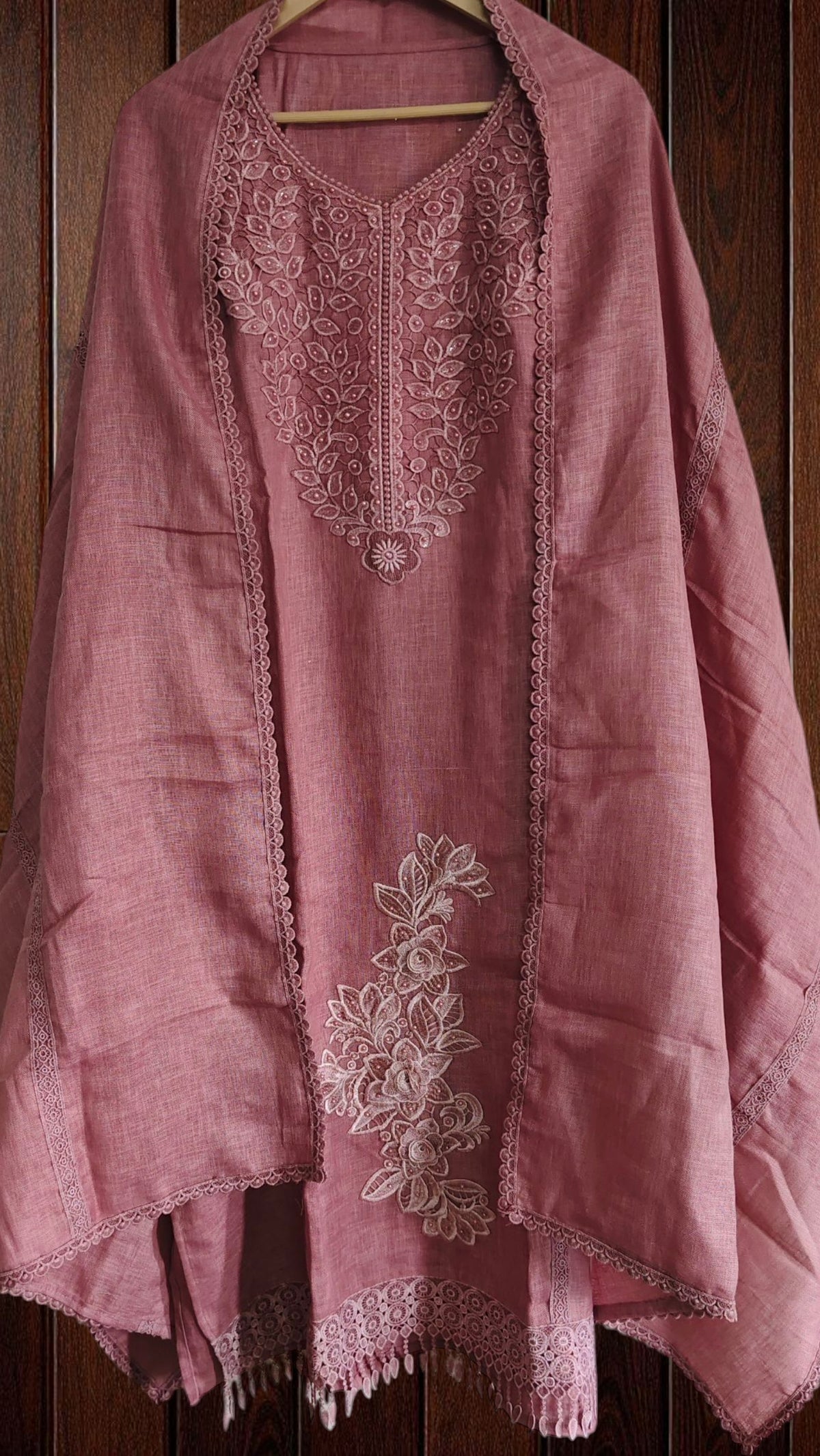 Cotton Linen Pakistani Embroidered Patch Work Kurta with Linen Dupatta – Unstitched Suit