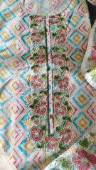 Pure Cotton Unstitched Suit Set with  soft organza sequence work   Dupatta & Neck Embroidery