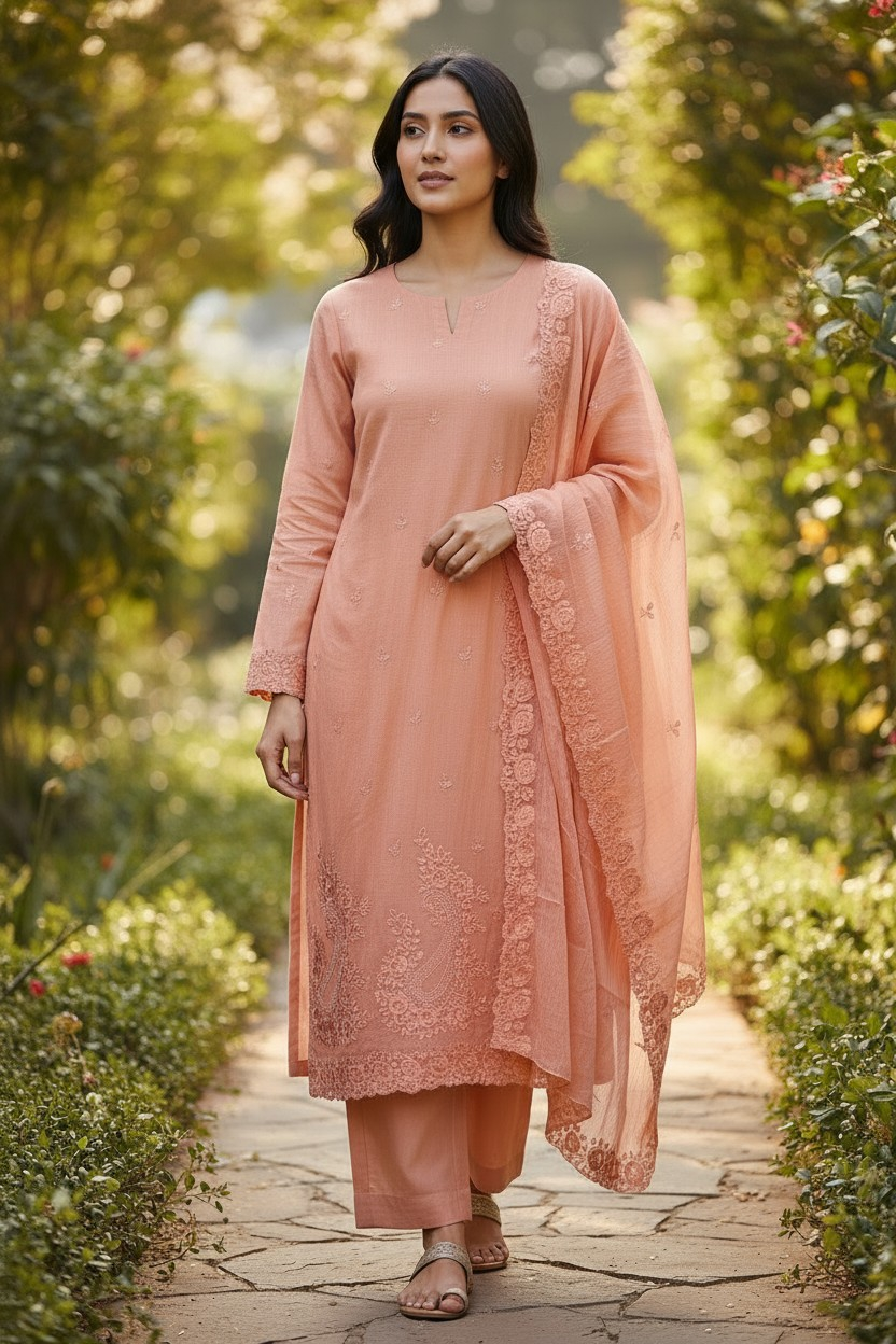 Mul Cotton Embroidery Unstitched Suit (3 Pc Set) with Mul Cotton Dupatta