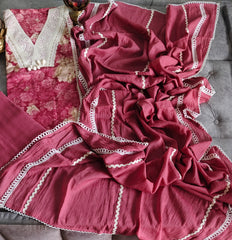Karachi designer PURE Cotton crochia lacing  UNSTITCHED SUIT with muslin dupatta n rayon bottom