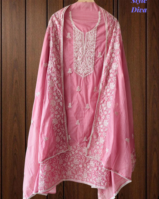 Mul Cotton Lucknowi Embroidered Un-Stitched Suit mul cotton dupatta with lucknowi embroidery