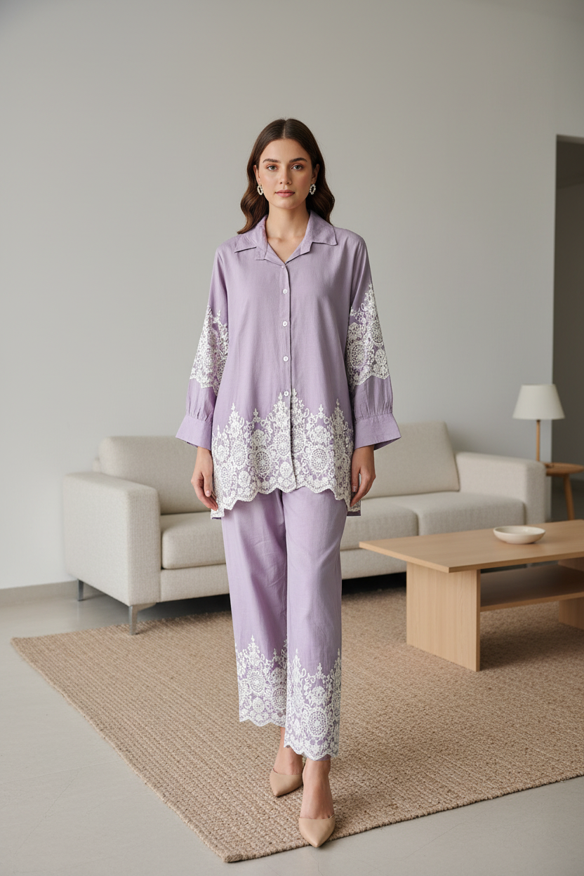 Khadi Cotton Chikan-Kari Embroidered Co-Ord Set for Women (2 Pc Ready to Wear Set)