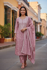 Mul Cotton Embroidered Faux Mirror Highlighted Unstitched Suit with Dupatta