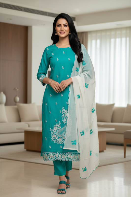 Cotton Parsi Embroidery Unstitched Suit with Mul Cotton Scalloped Edges Dupatta
