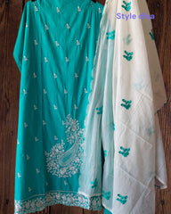 Cotton Parsi Embroidery Unstitched Suit with Mul Cotton Scalloped Edges Dupatta
