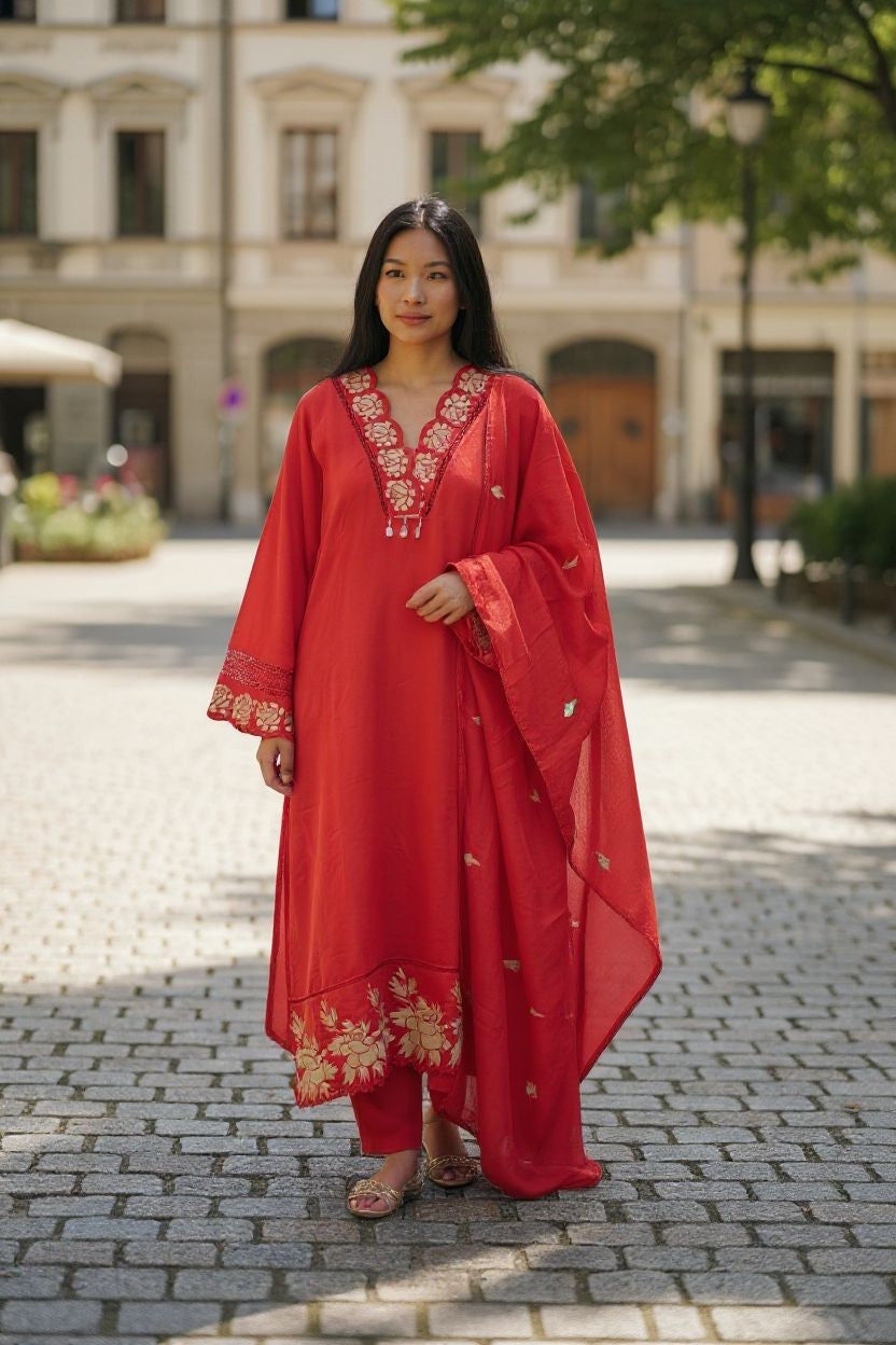 Elegant  muslin Embroidered Suit with Crochet Lacing Detailing