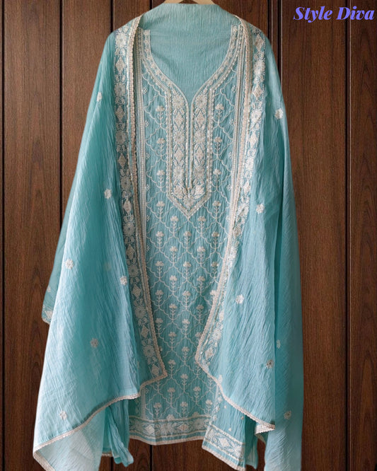 Mul Cotton Lucknowi Embroidered Un-Stitched Suit mul cotton dupatta with lucknowi