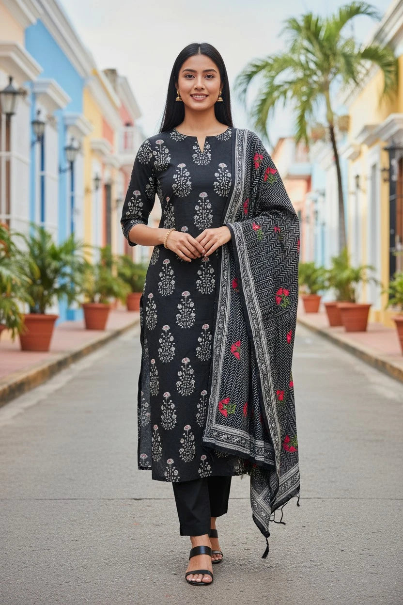Cotton Printed Thread Embroidered Unstitched Suit with Faux Mirror Effect Dupatta