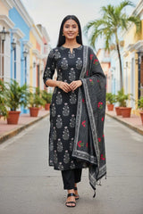 Cotton Printed Thread Embroidered Unstitched Suit with Faux Mirror Effect Dupatta