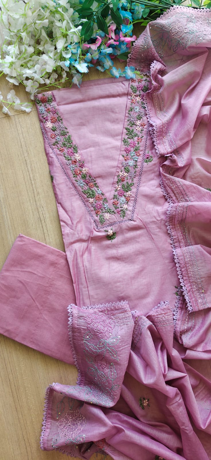 Modal unstiched kurta with hand embroidary on all over kurta rayon bottom n modal dupatta with hand work embroidery