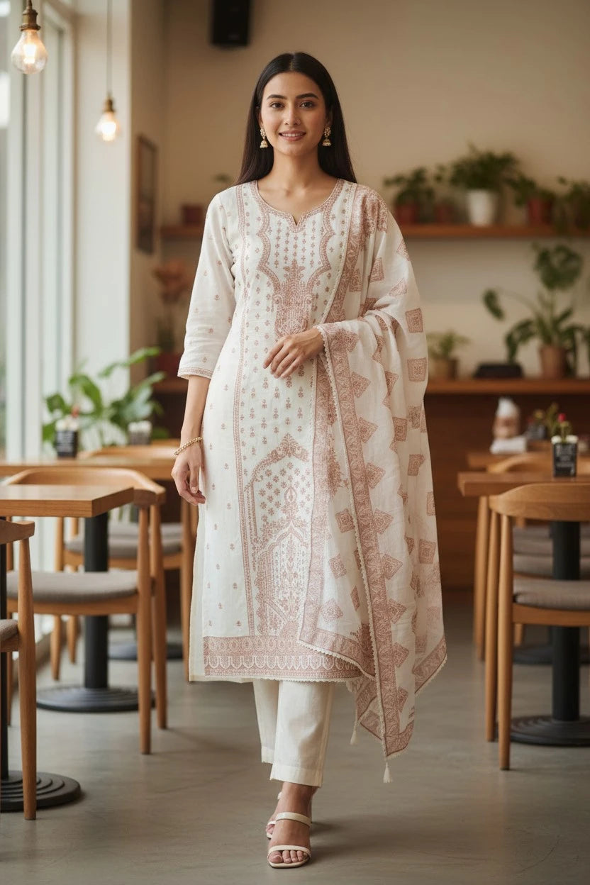 Pure Cotton Weaving Embroidery Unstitched Suit with Coordinated Dupatta