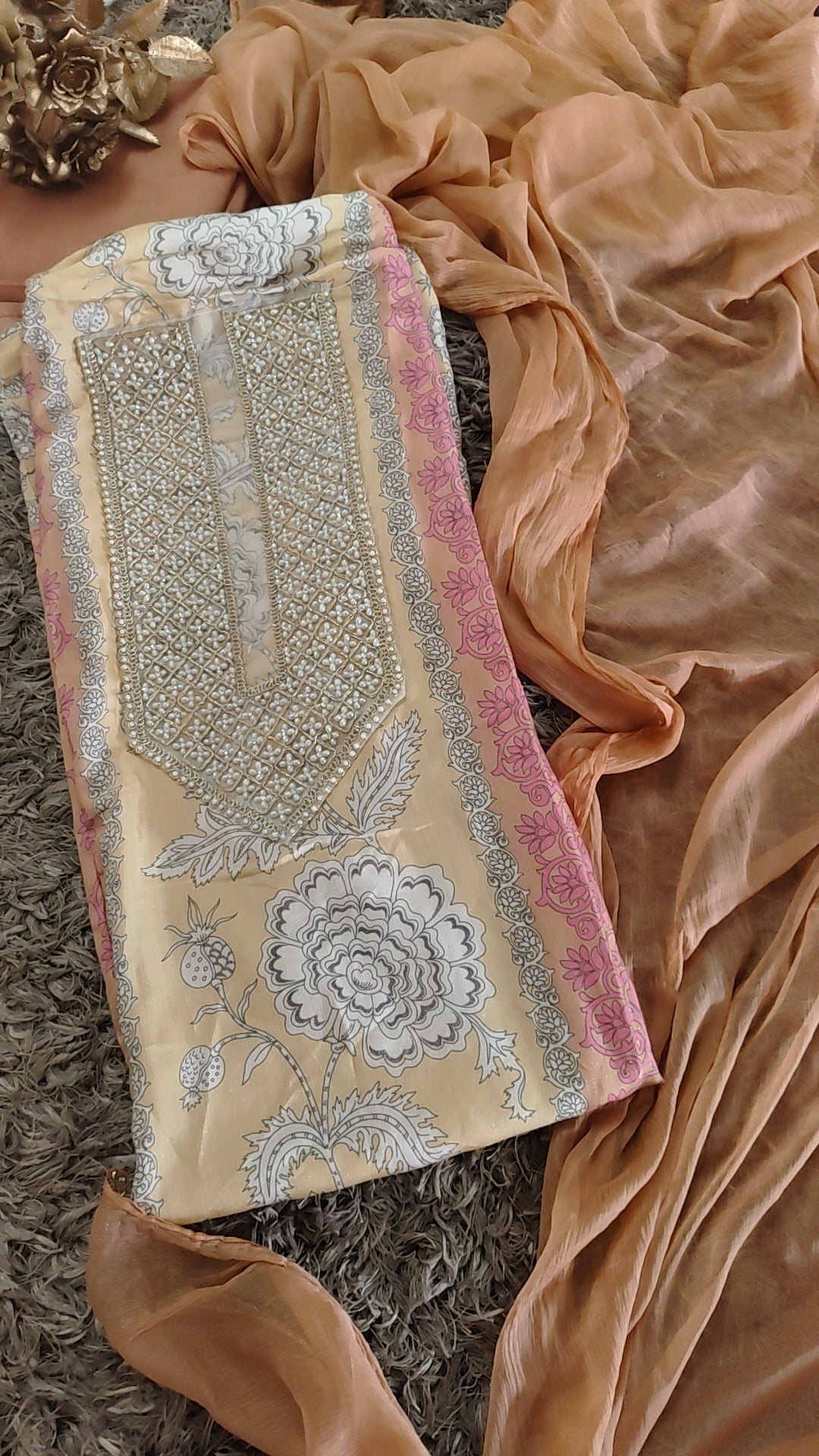 Shimmer Muslin pearl Work Unstitched Suit