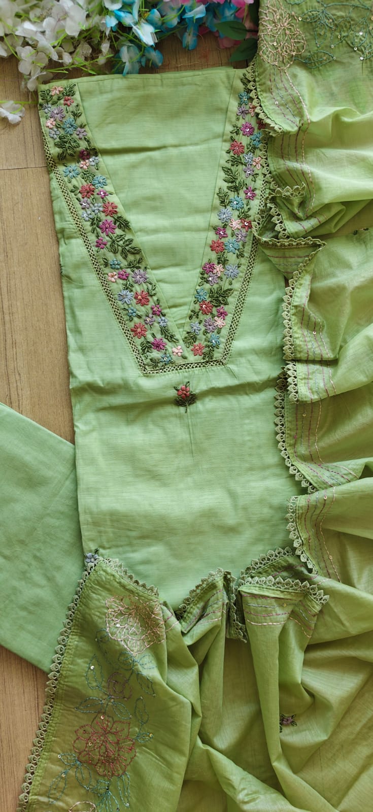 Modal unstiched kurta with hand embroidary on all over kurta rayon bottom n modal dupatta with hand work embroidery