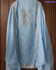 Mul Cotton Parsi Embroidered Unstitched Suit with Pita Work Dupatta