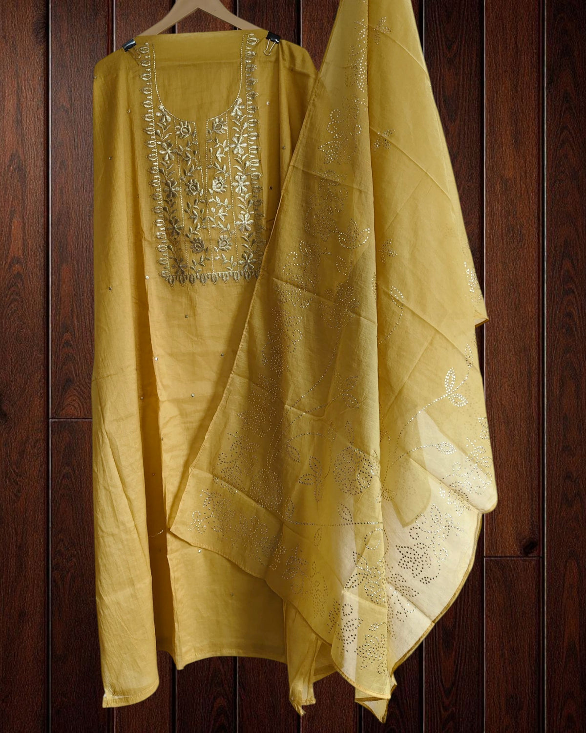 Pure Mul Chanderi Embroidered Un-Stitched Suit with Mukesh DupattaPure Mul Chanderi Embroidered Un-Stitched Suit with Mukesh Dupatta