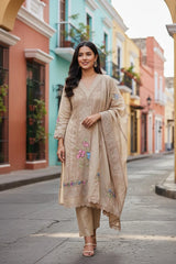Cotton Khadi Pakistani Style Semi-Stitched Suit with Crochet Lacing & Faux Mirror Work