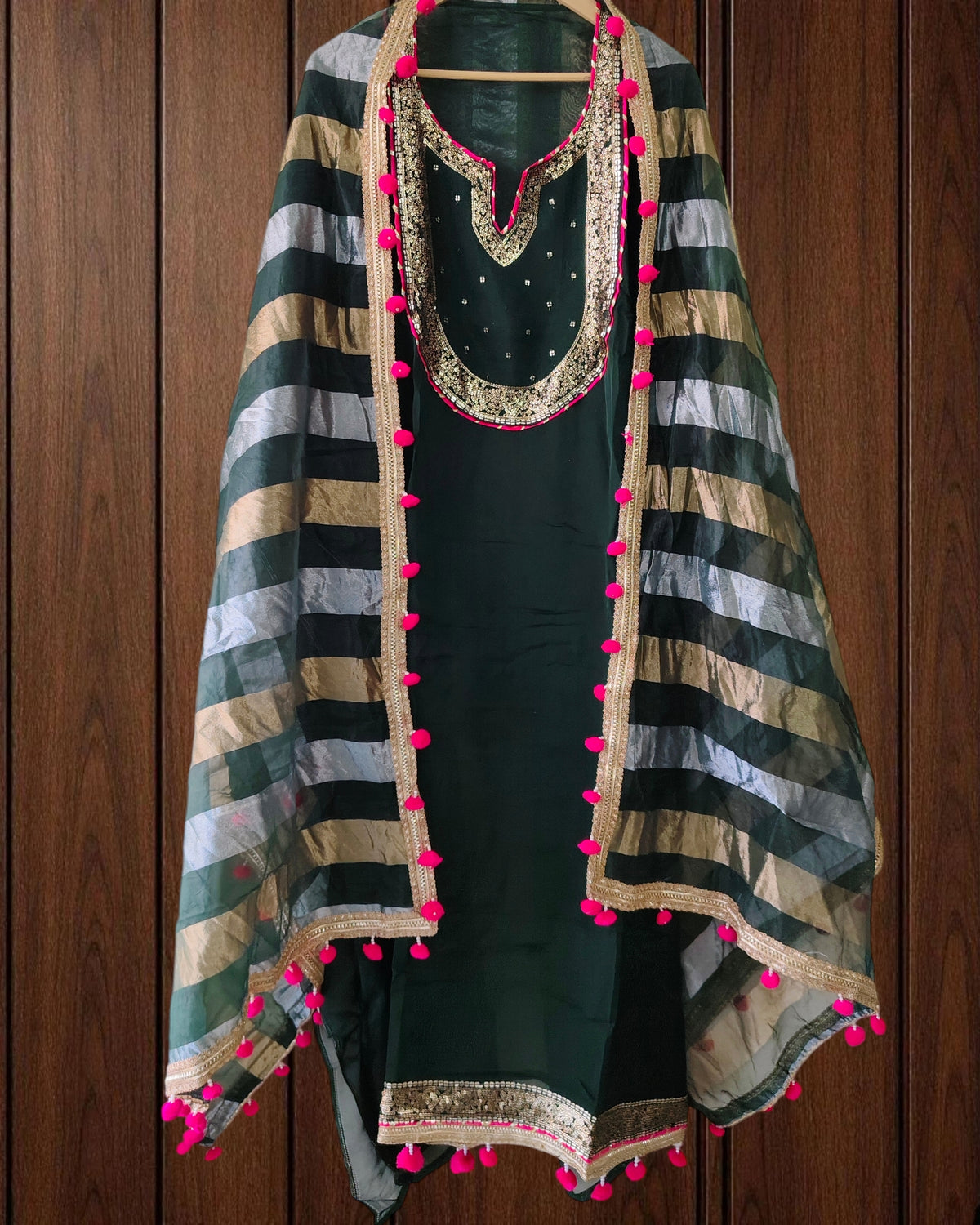 Organza Sequence Work Suit with Tissue Pom Pom Dupatta