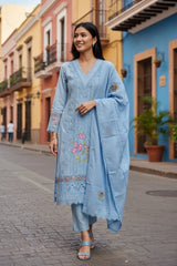 Cotton Khadi Pakistani Style Semi-Stitched Suit with Crochet Lacing & Faux Mirror Work
