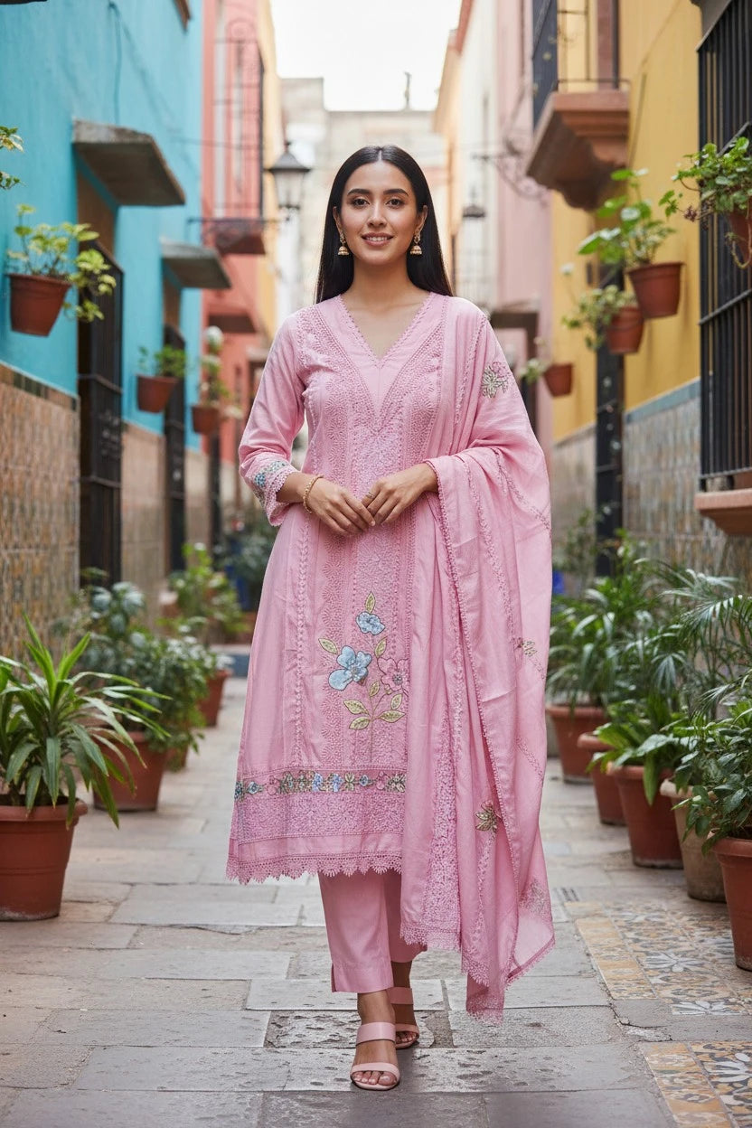 Cotton Khadi Pakistani Style Semi-Stitched Suit with Crochet Lacing & Faux Mirror Work