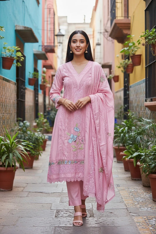 Cotton Khadi Pakistani Style Semi-Stitched Suit with Crochet Lacing & Faux Mirror Work