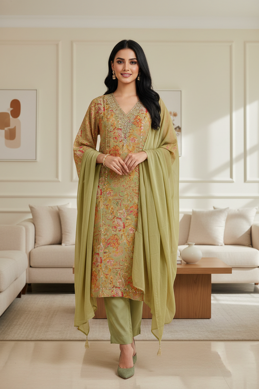 Soft Organza Suit Set with Mirror Sequin Hand Work – Unstitched Grace