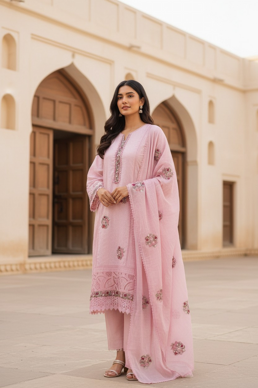 Pure Cotton Self Design Embroidery Unstitched Suit with Mul Cotton Dupatta