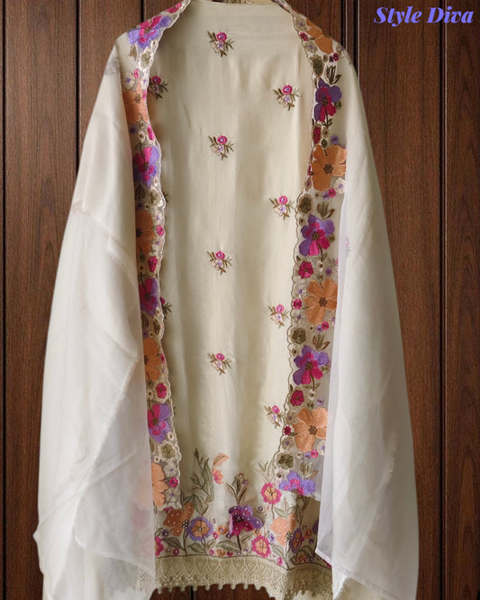 Elegant Tissue Suit with 3D Parsi Embroidery & Organza Dupatta